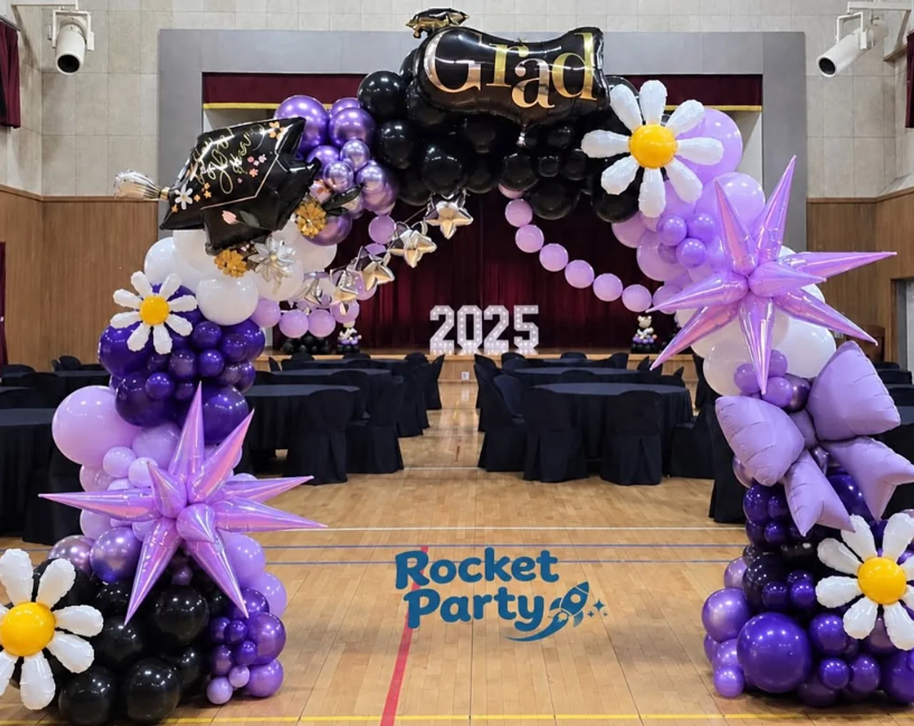 2025 졸업 축하연 퍼플 · 블랙 벌룬 아치
